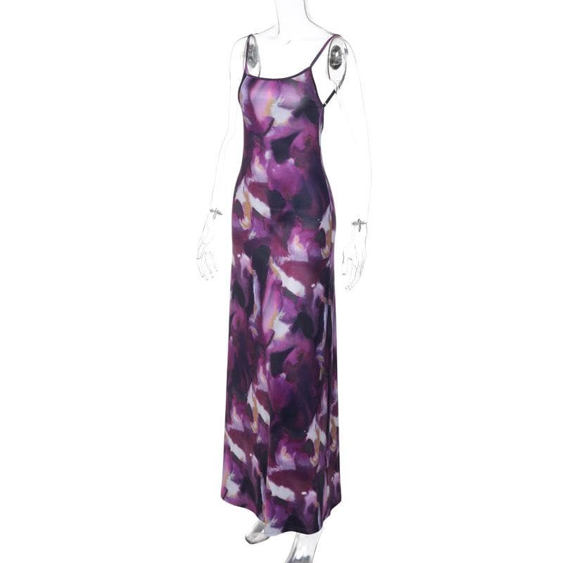 Tie dye square neck contrast backless cami maxi dress