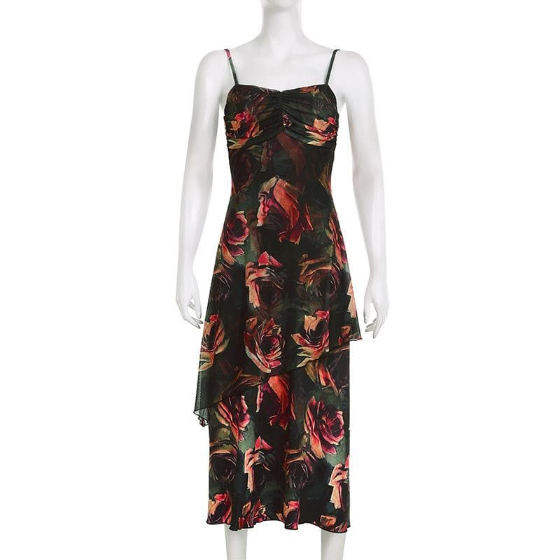 Flower print contrast ruched backless irregular cami midi dress - Final Sale