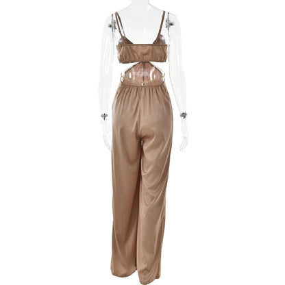 Ruched solid o ring v neck satin hollow out cami jumpsuit