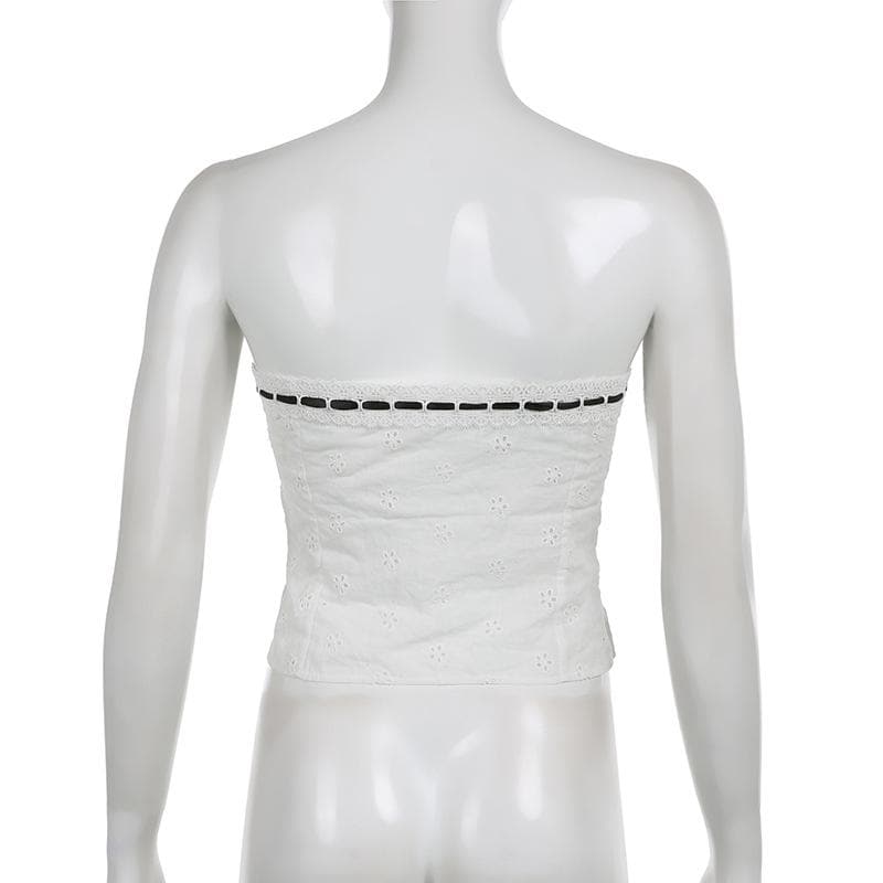 Textured contrast stitch self tie button backless tube top