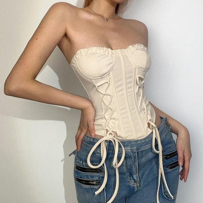 Ruffle solid lace up corset self tie backless tube top