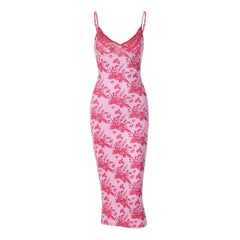 Flower print lace hem v neck contrast backless cami midi dress