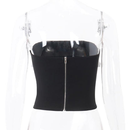 Backless zip-up contrast lace patchwork ruched tube top