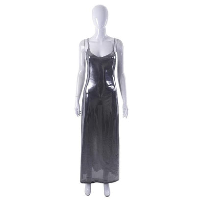 Metallic v neck backless solid low cut cami maxi dress