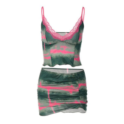 Tie dye v neck lace hem ruched cami mini skirt set