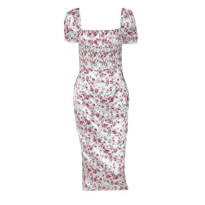 Satin flower pattern print zip-up ruched square neck short sleeve midi dress