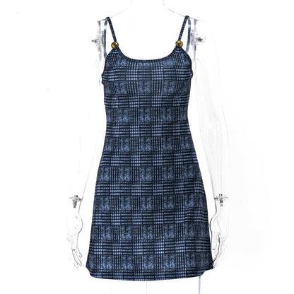 Plaid contrast print backless u neck button cami dress