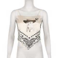 Satin cat pattern knotted contrast backless cami crop top