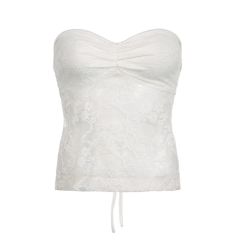 Lace solid ruched sweetheart neck backless self tie tube top