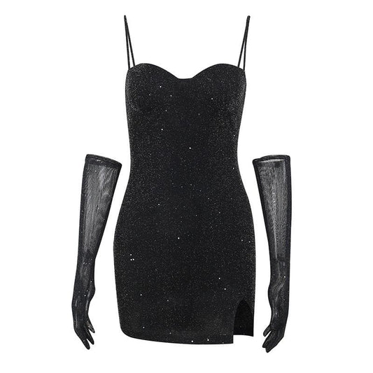 Gloves solid beaded slit sweetheart neck cami mini dress