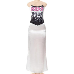 Satin abstract print contrast low cut tube top midi skirt set