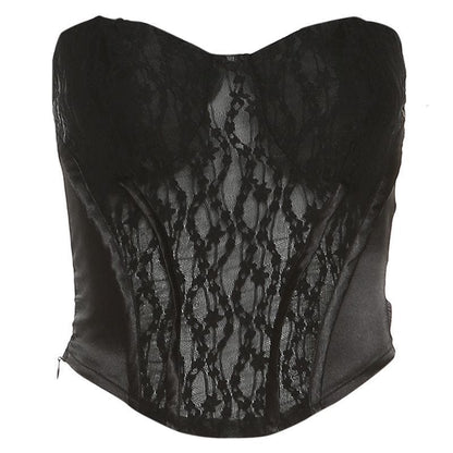 Lace patchwork sweetheart neck solid zip-up corset tube top