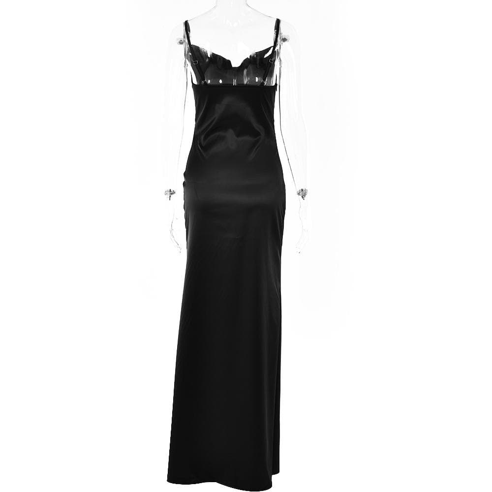 Solid sleeveless cowl neck slit ruched backless cami maxi dress