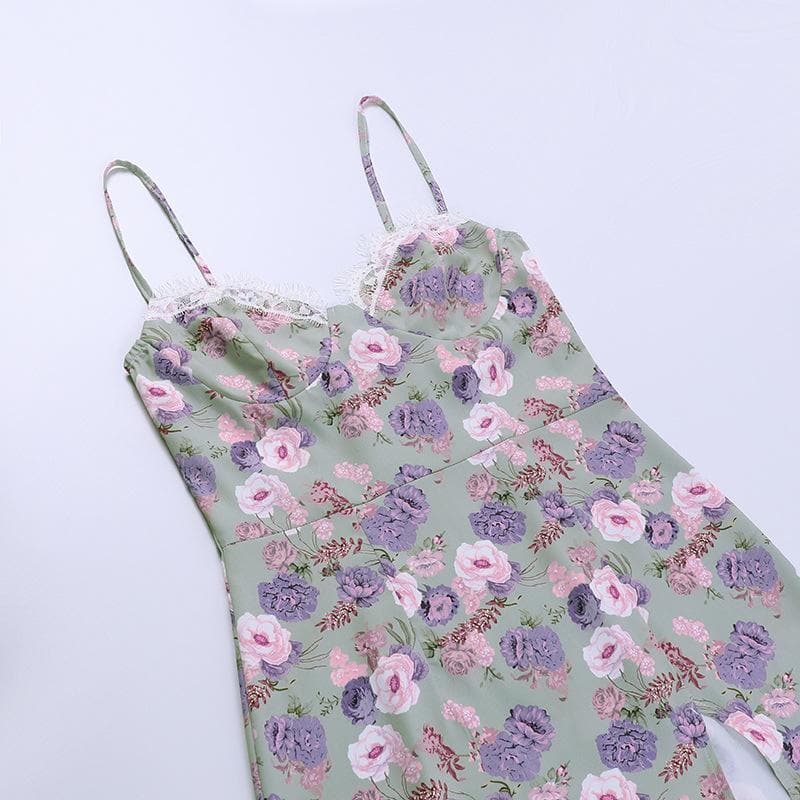 Sleeveless slit lace hem backless flower pattern print cami dress