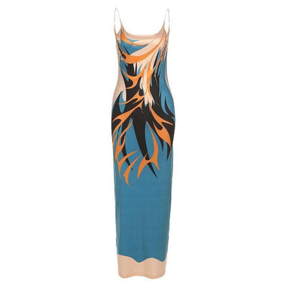 Low-cut print backless cami midi dress - Halibuy