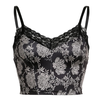 Flower print lace hem v neck contrast backless cami crop top