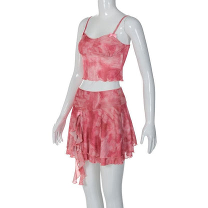 Tie dye contrast ruffle backless bowknot cami mini skirt set