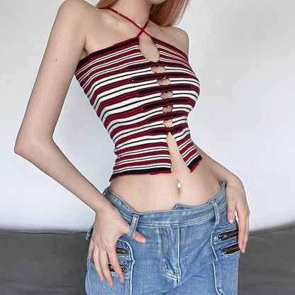 Knitted striped contrast hollow out cross front 2-way cami crop top