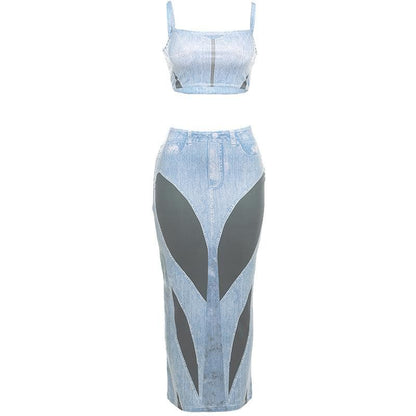 Square neck contrast backless denim print cami maxi skirt set