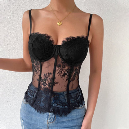 Eyelash lace embroidery corset button sweetheart neck cami top