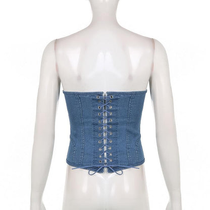 Denim lace up back heart neck tube top