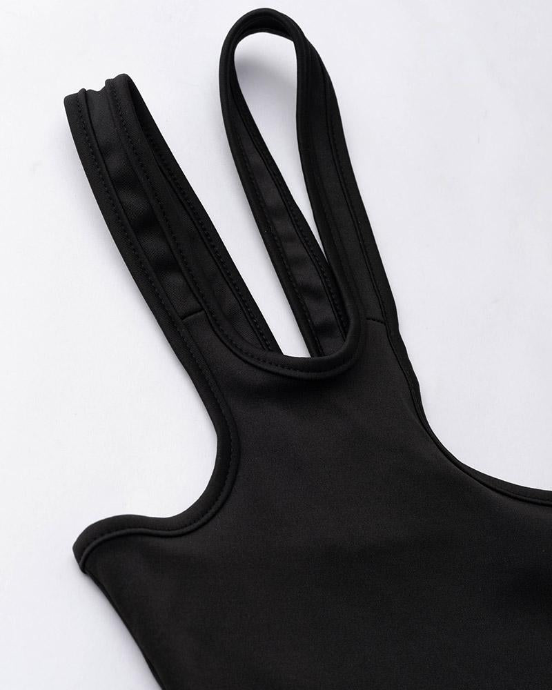 Matrix Glitch Halter Asymmetric Top with Gloves