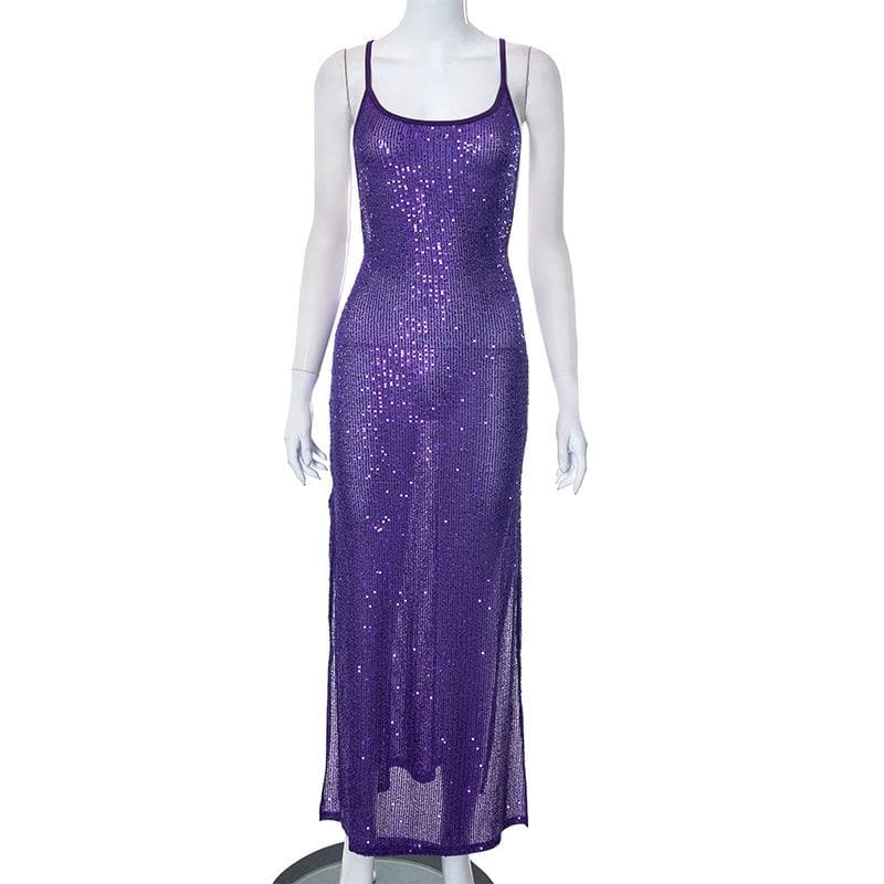 Glitter u neck see through backless cami maxi dress