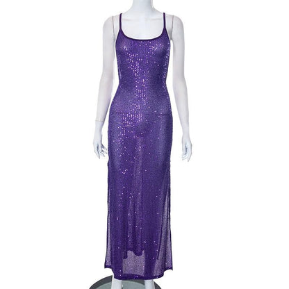 Glitter u neck see through backless cami maxi dress