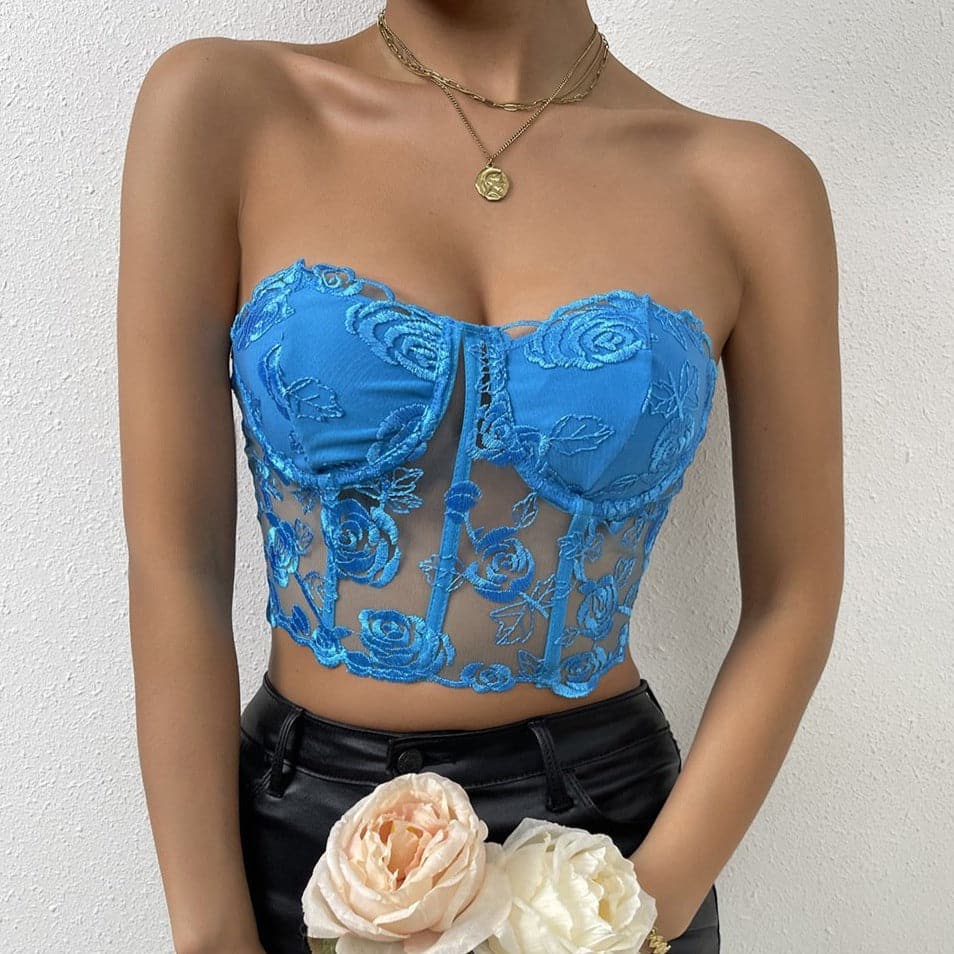 Rose mesh solid button bustier tube top