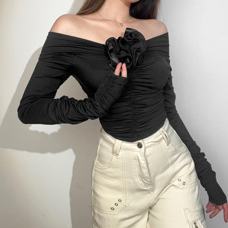 Long sleeve solid off shoulder flower applique ruched top