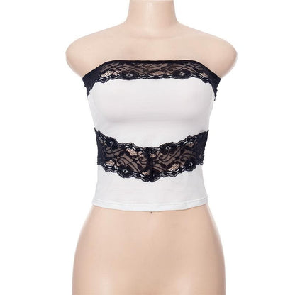 Backless lace hem patchwork contrast tube top