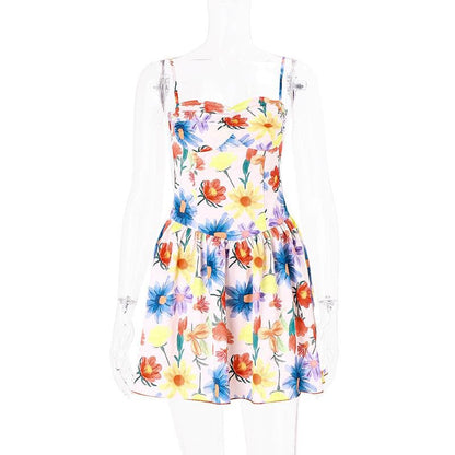 Flower contrast print backless ruched sweetheart neck cami dress - Final Sale