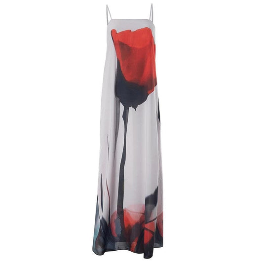 Square neck backless contrast print cami maxi dress