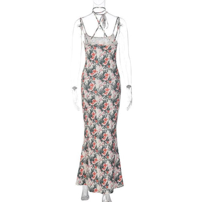 Flower print contrast halter cross back cami maxi dress