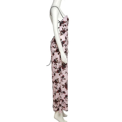 Flower print low cut spaghetti strap contrast lace up backless midi dress