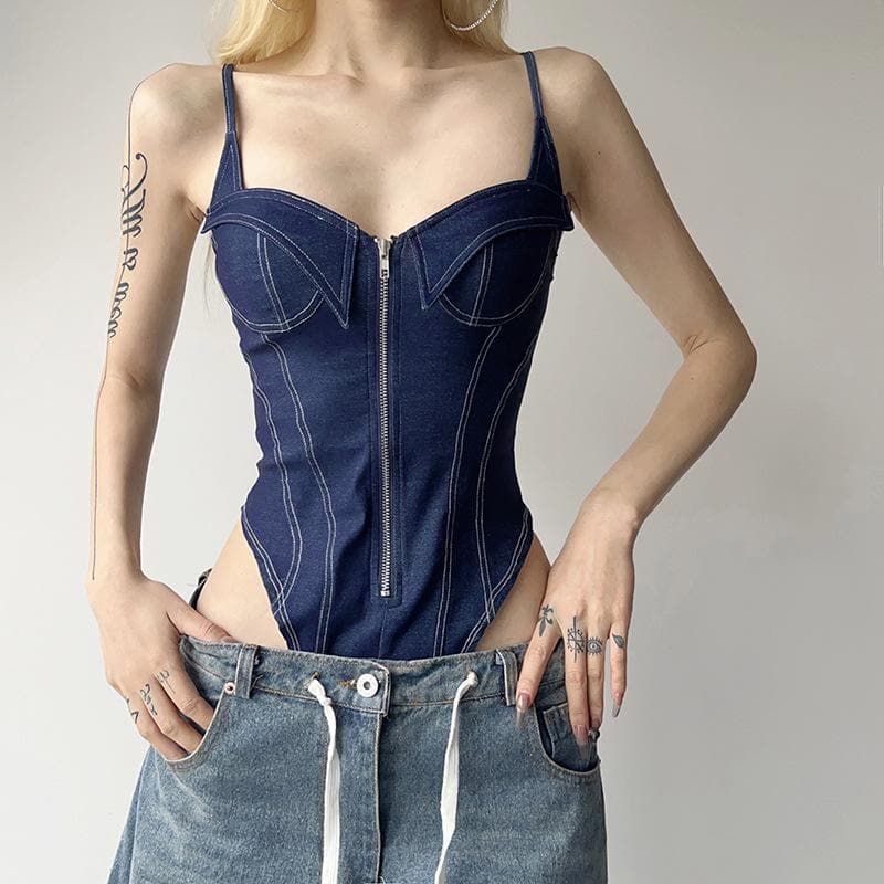 Denim zip-up backless v neck stitch cami bodysuit