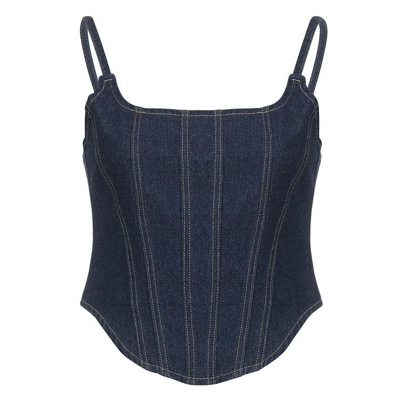 Stitch square neck backless zip-up denim cami top