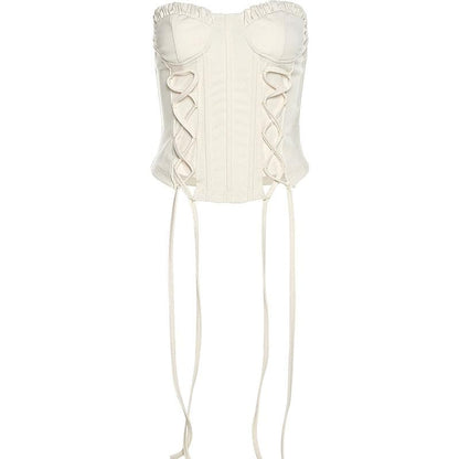 Ruffle solid lace up corset self tie backless tube top