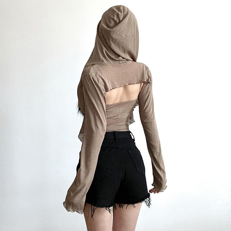 Ruffle hoodie self tie solid long sleeve shrug 2 piece cami crop top