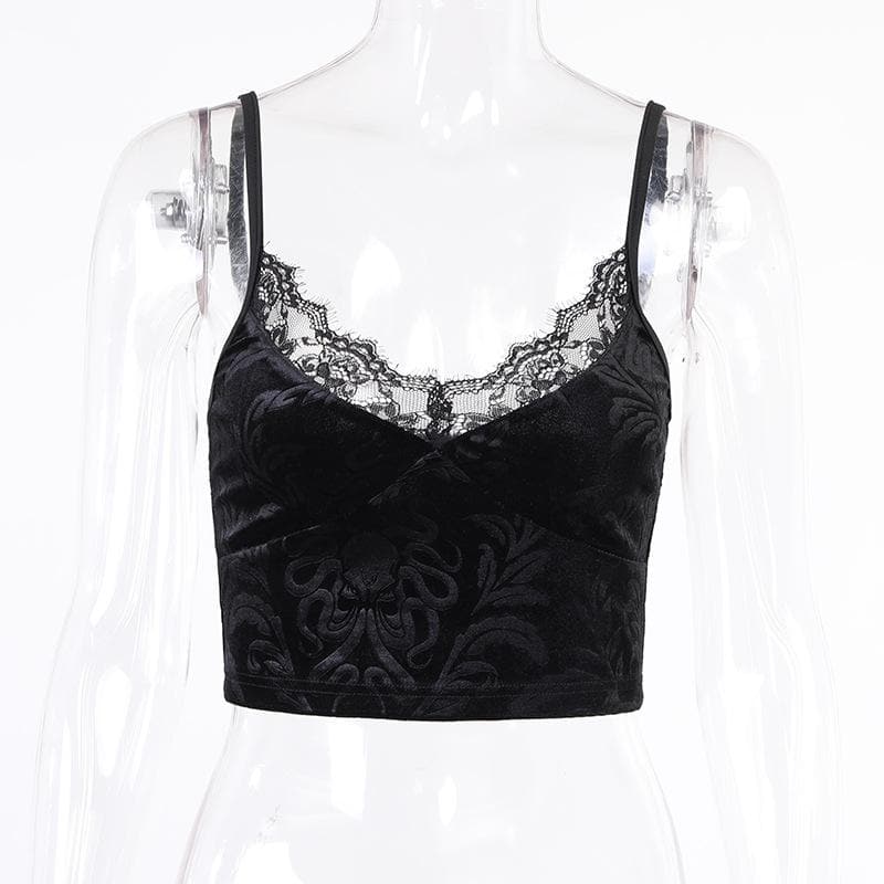 Velvet pattern eyelash lace v neck cami top