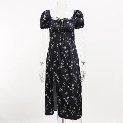 Short sleeve square neck puff sleeve contrast flower pattern print slit self tie midi dress
