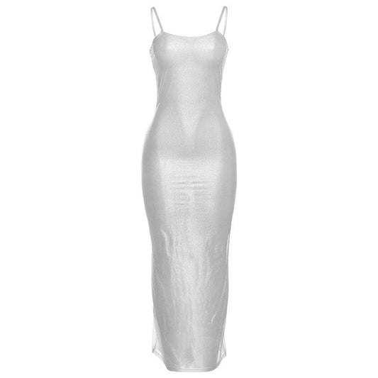 Sheer mesh see through backless solid cami maxi dress