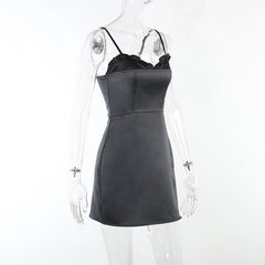 Patchwork satin ruffle contrast zip-up backless cami mini dress - Final Sale