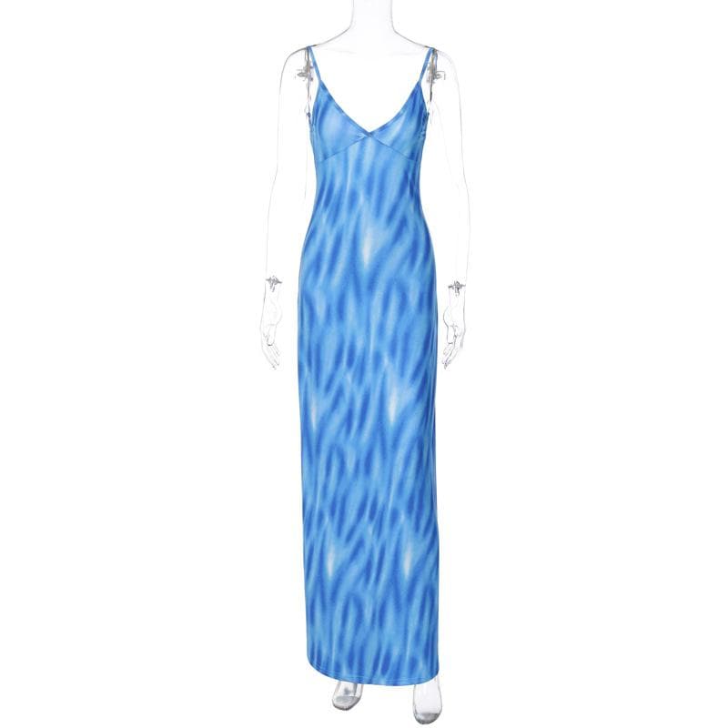 Contrast print v neck backless cami maxi dress