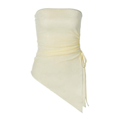 Solid ruched drawstring slit irregular tube top