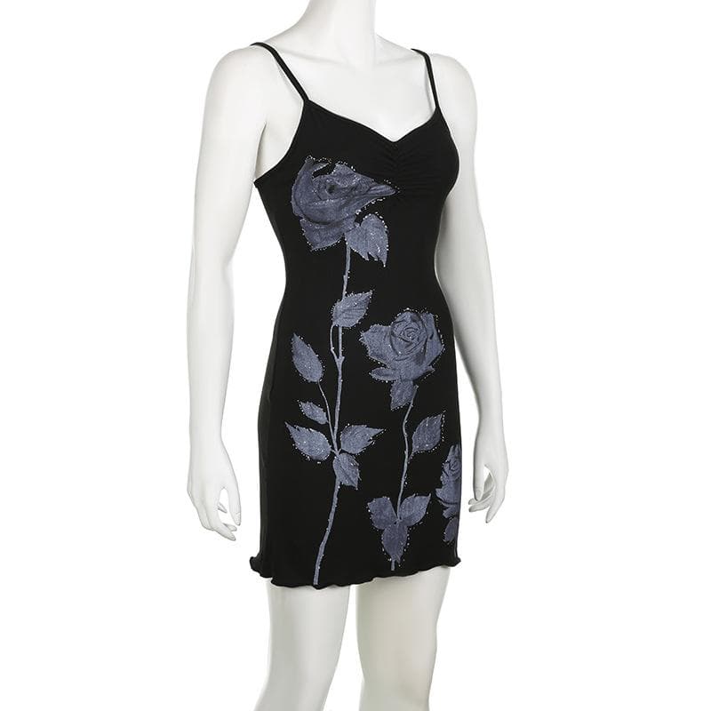 Rose pattern contrast v neck backless cami mini dress