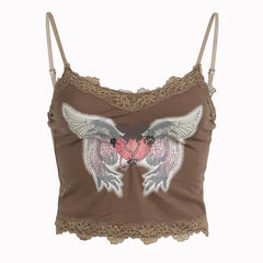 Abstract print contrast lace hem v neck backless cami crop top