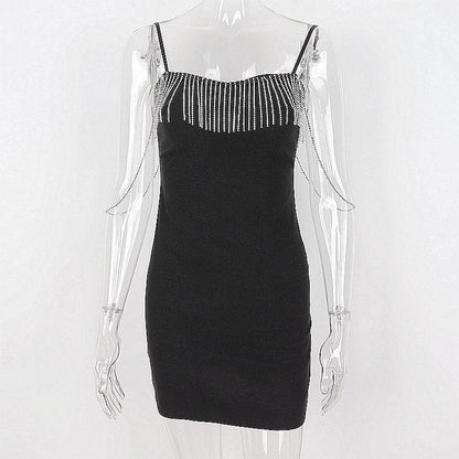 Metal chain zip-up solid sweetheart neck tassels cami dress