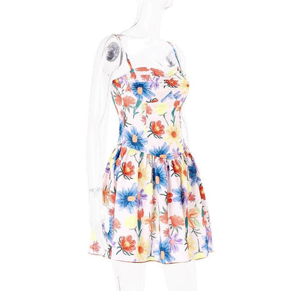 Flower contrast print backless ruched sweetheart neck cami dress - Final Sale