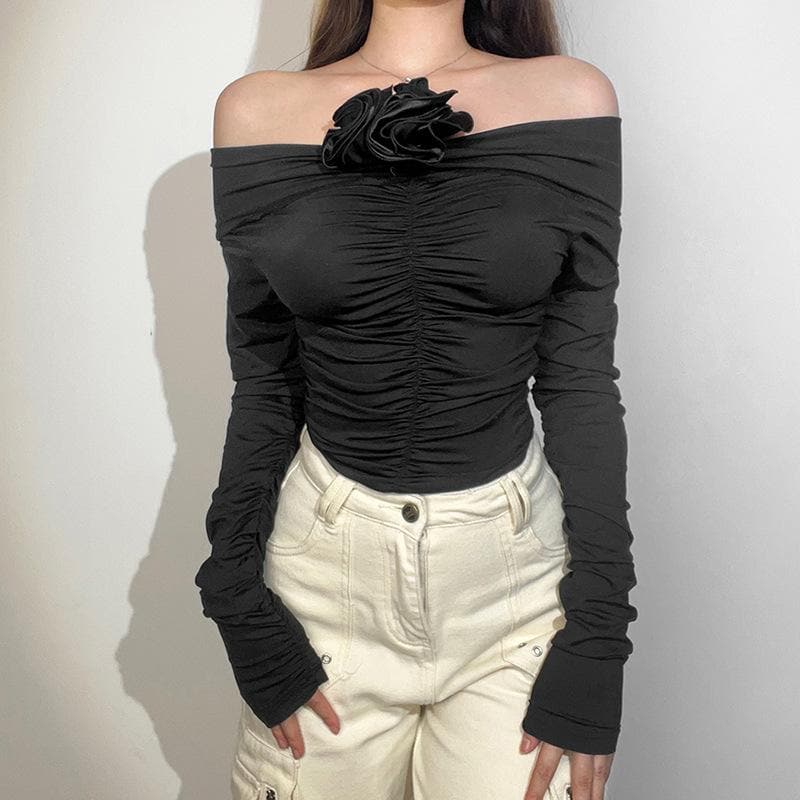 Long sleeve solid off shoulder flower applique ruched top